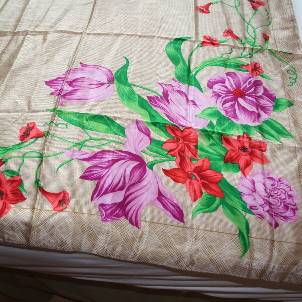 Vintage Adrienne Vittadini Silk Scarf Red Flowers on Tan Plaid Background